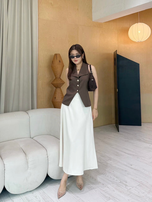 Collar Down Sleeveless Vest With Skirts Sets